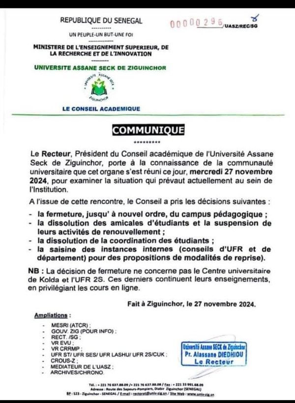 Université Assane Seck de Ziguinchor : Le recteur Alassane Diédhiou prend des mesures radicales Université Assane Seck de Ziguinchor : Le recteur Alassane Diédhiou prend des mesures radicales