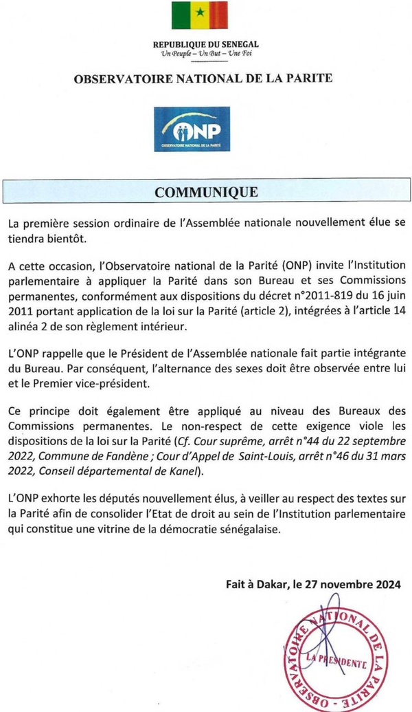 Nouvelle assemblée nationale : L'Observatoire de la parité exige la...parité dans le Bureau et les Commissions Nouvelle assemblée nationale : L'Observatoire de la parité exige la...parité dans le Bureau et les Commissions
