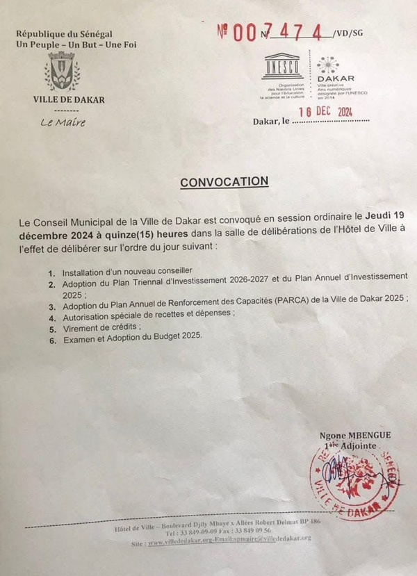 Ville de Dakar - La première adjointe au maire, Ngoné Mbengue, convoque une session ordinaire