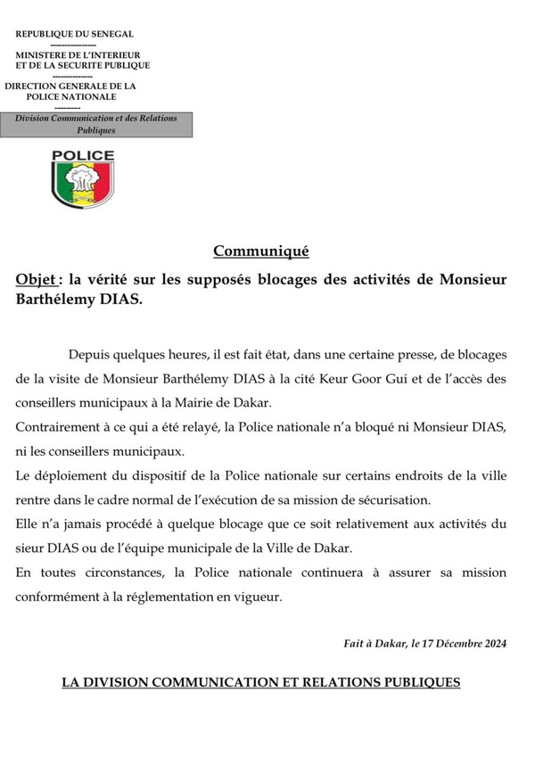 Police - Une mise au point sur les "supposés blocages des activités de" Barthélémy Dias Police - Une mise au point sur les "supposés blocages des activités de" Barthélémy Dias