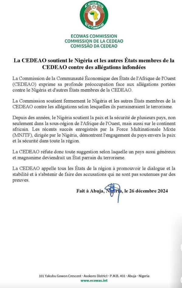 La Cedeao soutient le Nigeria contre les "allégations infondées" de l'AES La Cedeao soutient le Nigeria contre les "allégations infondées" de l'AES