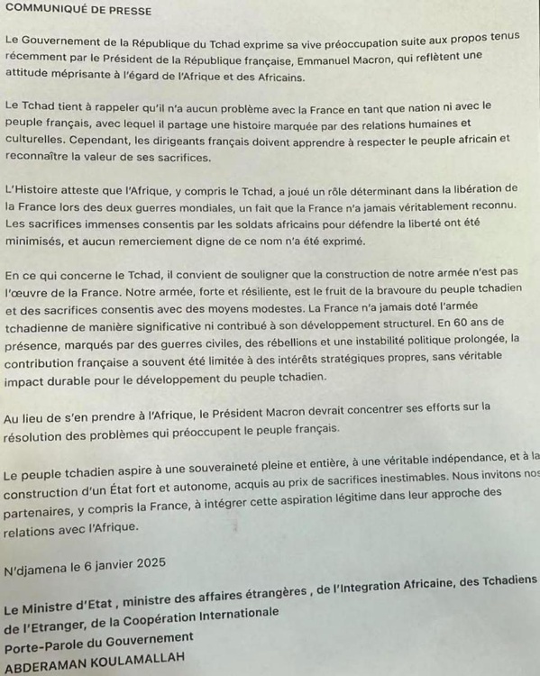 Le Tchad dénonce l'attitude et le discours méprisants de Macron contre l'Afrique et les Africains Le Tchad dénonce l'attitude et le discours méprisants de Macron contre l'Afrique et les Africains