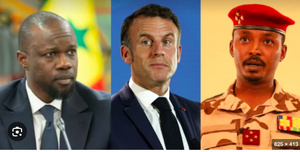 Ousmane Sonko, Emmanuel Macron et Mahamat Idriss Déby Ousmane Sonko, Emmanuel Macron et Mahamat Idriss Déby