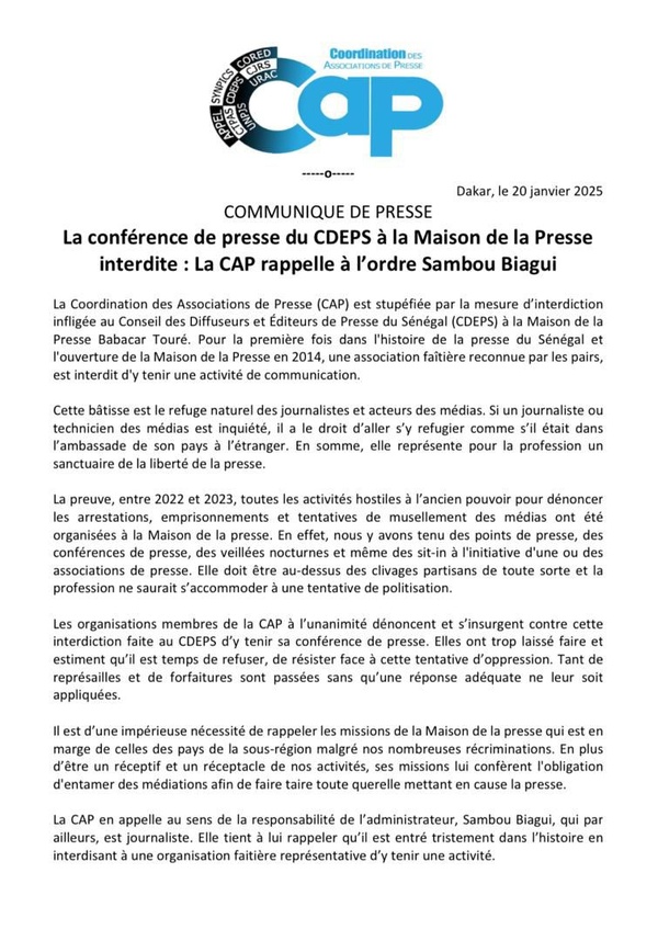 Maison de la presse - La CAP rappelle à l'ordre le DG Sambou Biagui après l'interdiction du point de presse du CDEPS Maison de la presse - La CAP rappelle à l'ordre le DG Sambou Biagui après l'interdiction du point de presse du CDEPS