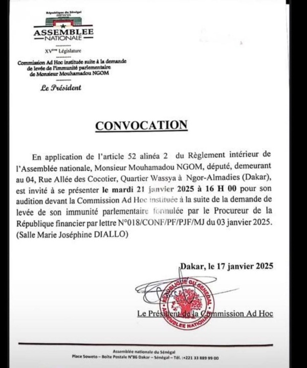 Immunité parlementaire - Le député Farba Ngom convoqué par l'Assenblée nationale Immunité parlementaire - Le député Farba Ngom convoqué par l'Assenblée nationale
