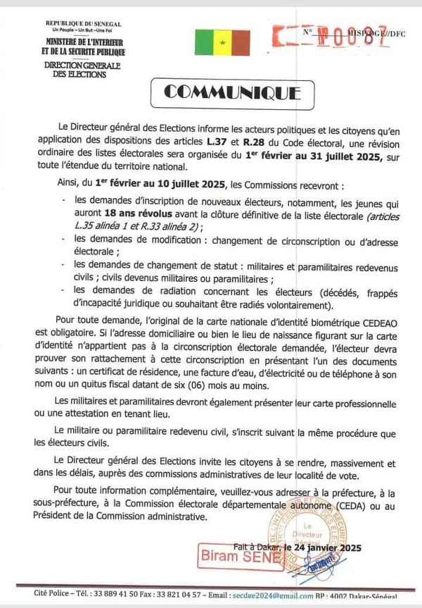 Listes électorales : La période de révision ordinaire étalée du 1er février au 10 juillet 2025 Listes électorales : La période de révision ordinaire étalée du 1er février au 10 juillet 2025