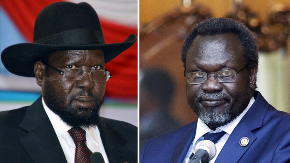 La président Salva Kiir (chapeau) et son vice-président Riek Machar