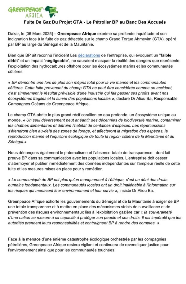 Fuite de gaz sur le site GTA - Greenpeace Africa accuse le pétrolier British Petroleum Fuite de gaz sur le site GTA - Greenpeace Africa accuse le pétrolier British Petroleum