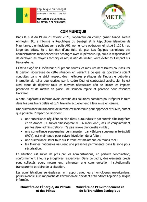 Fuite de gaz sur le site de GTA - L'Etat du Sénégal appelle BP à "éviter tout impact sur l'écosystème" Fuite de gaz sur le site de GTA - L'Etat du Sénégal appelle BP à "éviter tout impact sur l'écosystème"