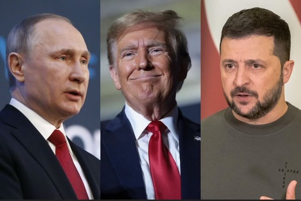 Donald Trump entre Vladimir Poutine (g) et Volodymyr Zelensky Donald Trump entre Vladimir Poutine (g) et Volodymyr Zelensky
