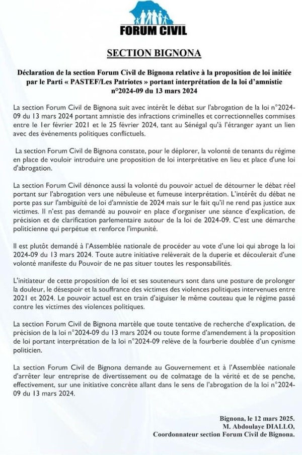 Amnistie : Le Forum civil dénonce une "duperie" de Pastef visant à "ne pas situer les responsabilités" dans les événements de 2021-2024 Amnistie : Le Forum civil dénonce une "duperie" de Pastef visant à "ne pas situer les responsabilités" dans les événements de 2021-2024
