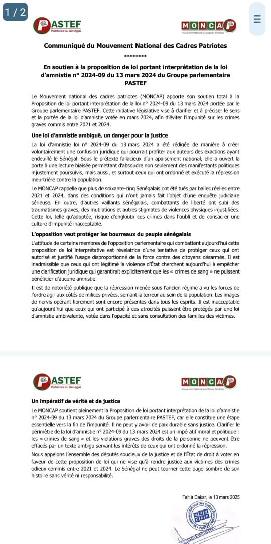 Les cadres de Pastef justifient et appuient la proposition de loi d'amnistie partielle