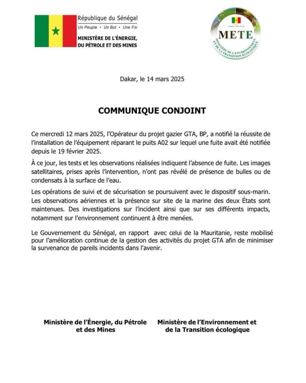 Fuite de Gaz sur GTA : Dakar et Nouakchott prennent acte de l'annonce de réparation par BP Fuite de Gaz sur GTA : Dakar et Nouakchott prennent acte de l'annonce de réparation par BP