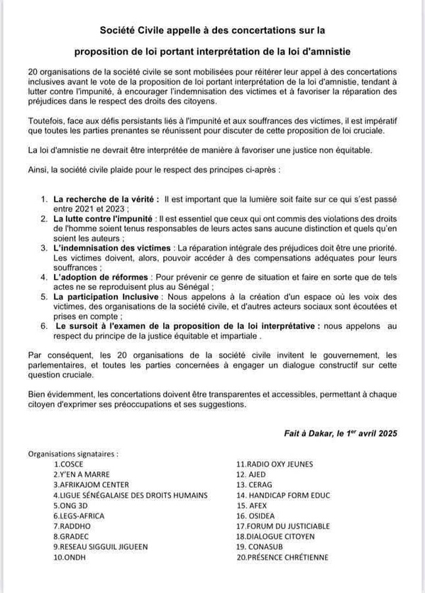 Interprétation de la loi d'amnistie : la société civile réitère son appel pour des concertations inclusives Interprétation de la loi d'amnistie : la société civile réitère son appel pour des concertations inclusives