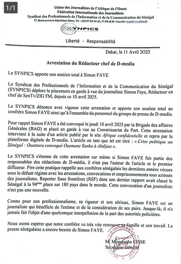 Le Synpics s'étonne et dénonce l'arrestation du journaliste Simon Faye