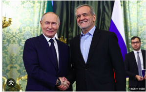 Les présidents russe Vladimir Poutine (g.) et iranien Massoud Pezeshkhian Les présidents russe Vladimir Poutine (g.) et iranien Massoud Pezeshkhian