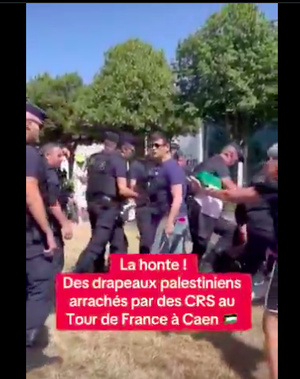 Incidents lors du Tour de France 2025 : des CRS arrachent des drapeaux palestiniens Incidents lors du Tour de France 2025 : des CRS arrachent des drapeaux palestiniens