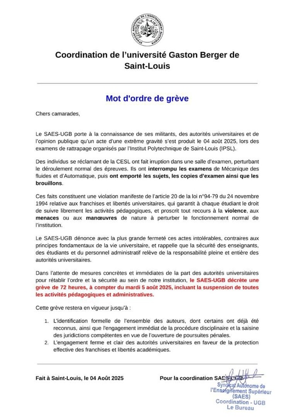 Université Gaston Berger : Le SAES déclenche une grève de 72 heures Université Gaston Berger : Le SAES déclenche une grève de 72 heures