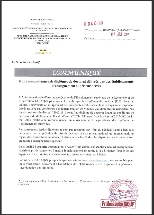 Enseignement supérieur privé : les diplômes de doctorat ne sont pas reconnus par l'Etat (communiqué) Enseignement supérieur privé : les diplômes de doctorat ne sont pas reconnus par l'Etat (communiqué)