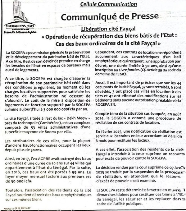 Villas de la Cité Fayçal : la SOGEPA "déterminée" à récupérer les biens de l'Etat Villas de la Cité Fayçal : la SOGEPA "déterminée" à récupérer les biens de l'Etat