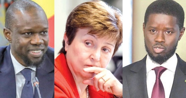 La directrice générale du FMI Kristalina Georgieva entre le PM Ousmane Sonko (g.) et le PR Diomaye Faye
