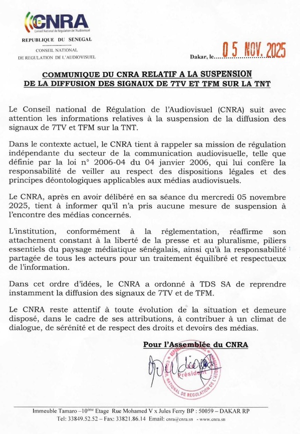 Coupures TFM et 7TV - Le CNRA dégage toute responsabilité et demande a TDS de rétablir les signaux Coupures TFM et 7TV - Le CNRA dégage toute responsabilité et demande a TDS de rétablir les signaux