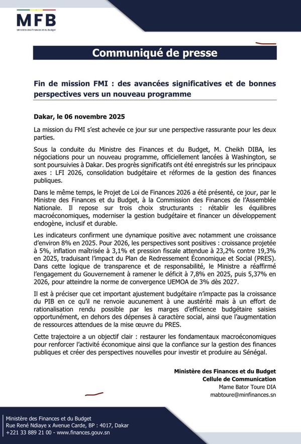 SENEGAL-FMI - Le ministère des Finances salue "des avancées significatives (...) vers un nouveau programme" SENEGAL-FMI - Le ministère des Finances salue "des avancées significatives (...) vers un nouveau programme"