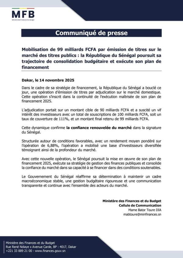 Le Sénégal lève 99 milliards de francs CFA sur le marché des titres publics Le Sénégal lève 99 milliards de francs CFA sur le marché des titres publics