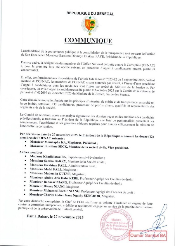 Birahime Seck désigné vice-président de l'Office national de lutte contre la corruption (OFNAC) Birahime Seck désigné vice-président de l'Office national de lutte contre la corruption (OFNAC)