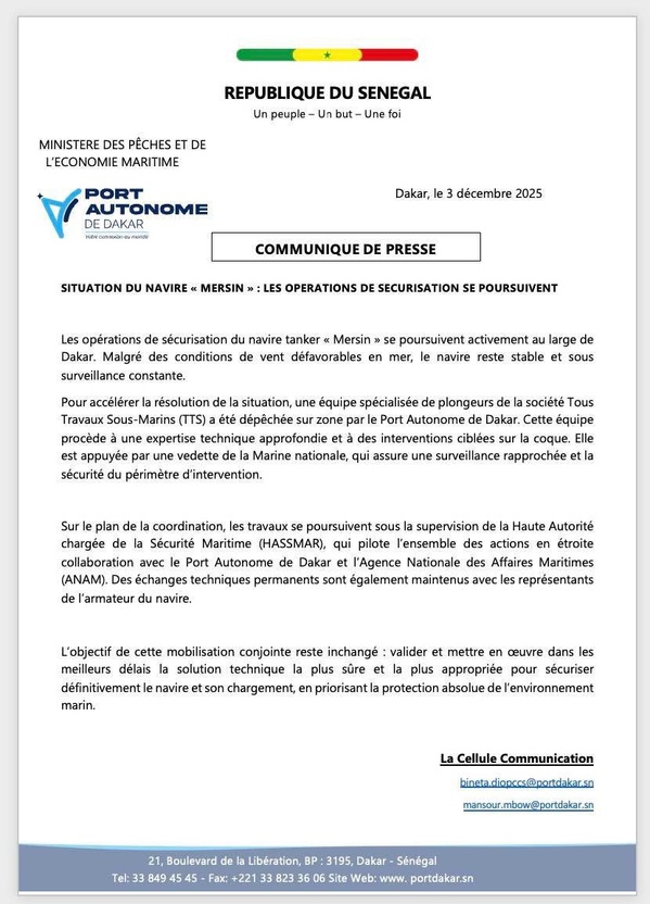Port de Dakar - La sécurisation du navire « Mersin » se poursuit
