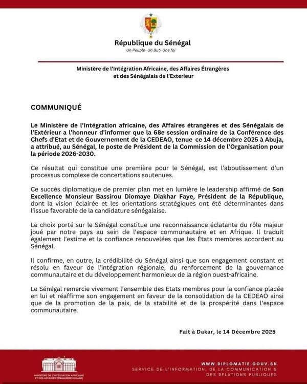 ABUJA - Le Sénégal prend la tête de la Commission de la CEDEAO pour 2026-2030 ABUJA - Le Sénégal prend la tête de la Commission de la CEDEAO pour 2026-2030