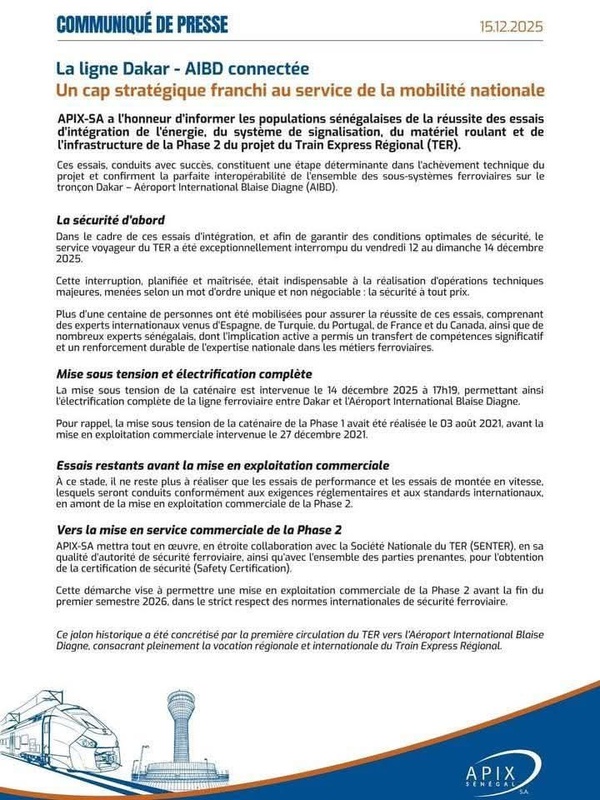 Train express régional - Dakar est désormais connectée à l'aéroport international Blaise Diagne Train express régional - Dakar est désormais connectée à l'aéroport international Blaise Diagne