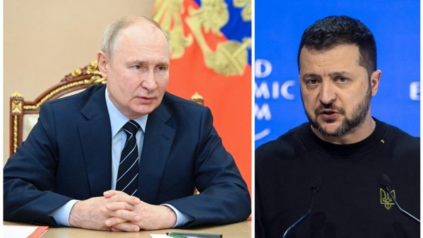 Vladimir Poutine (g.) et Volodymyr Zelensky