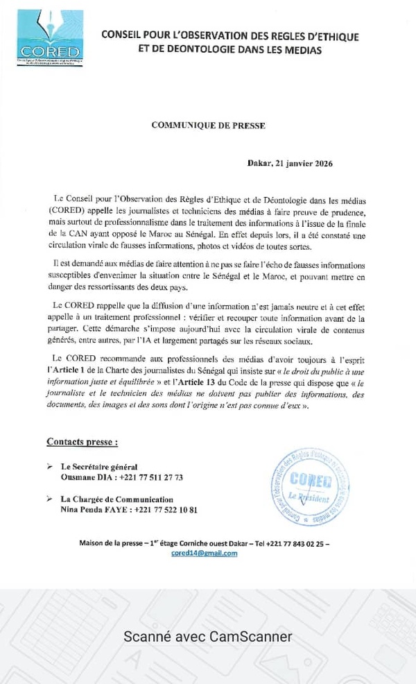 Sénégal-Maroc - Le CORED appelle les journalistes à éviter les pièges de la désinformation Sénégal-Maroc - Le CORED appelle les journalistes à éviter les pièges de la désinformation