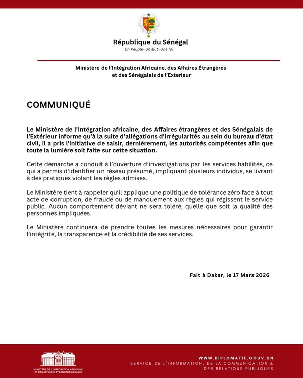 Trafic présumé au bureau d'état-civil : le ministère sénégalais des Affaires étrangères saisit la justice Trafic présumé au bureau d'état-civil : le ministère sénégalais des Affaires étrangères saisit la justice