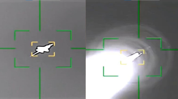 Capture d'écran d'une vidéo diffusée par le CGRI montrant le moment où un avion de chasse américain F-35 a été touché par la défense aérienne iranienne le 19 mars 2026.