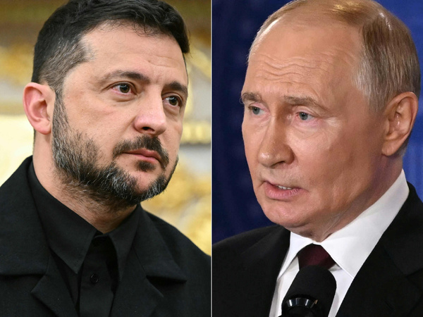 Vladimir Poutine (d.) et Wolodymyr Zelensky Vladimir Poutine (d.) et Wolodymyr Zelensky