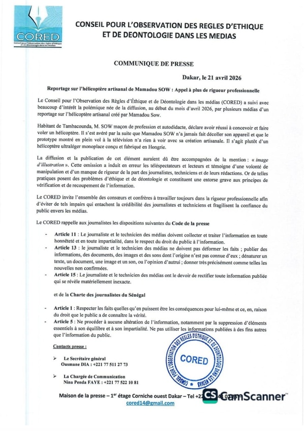 Affaire de l'hélicoptère de Tambacounda : le CORED appelle (encore) les journalistes à la vigilance Affaire de l'hélicoptère de Tambacounda : le CORED appelle (encore) les journalistes à la vigilance