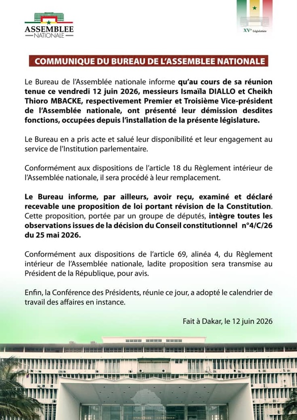 Démissions et révision de la Constitution : un communiqué de l'assemblée nationale 
