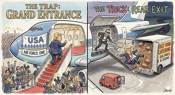 Donald Trump passant de l'avion Air Force One au conteneur de restauration d'aéroport pour être exfiltré dans un autre avion. (Image DR)
