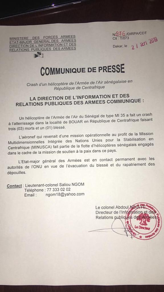 CENTRAFRIQUE - 3 militaires sénégalais tués et un blessé dans le crash de leur hélicoptère: les précisions de la Dirpa