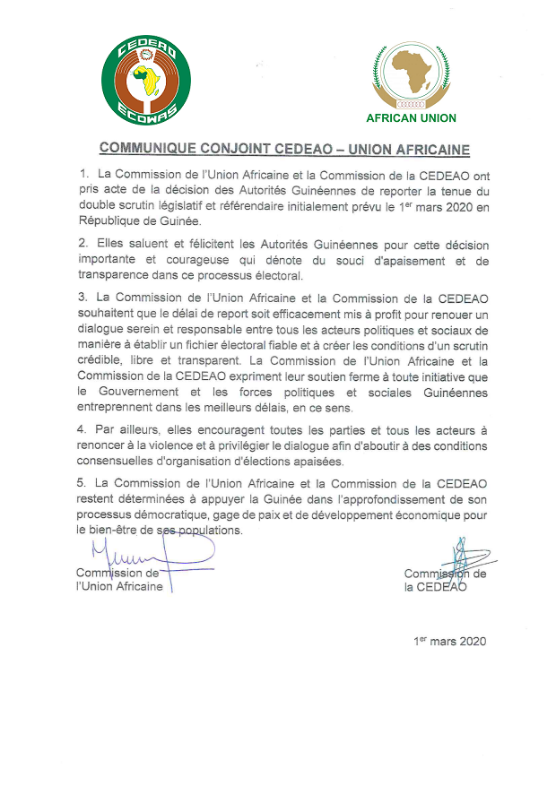 Guinée - Un communiqué conjoint CEDEAO-Union Africaine