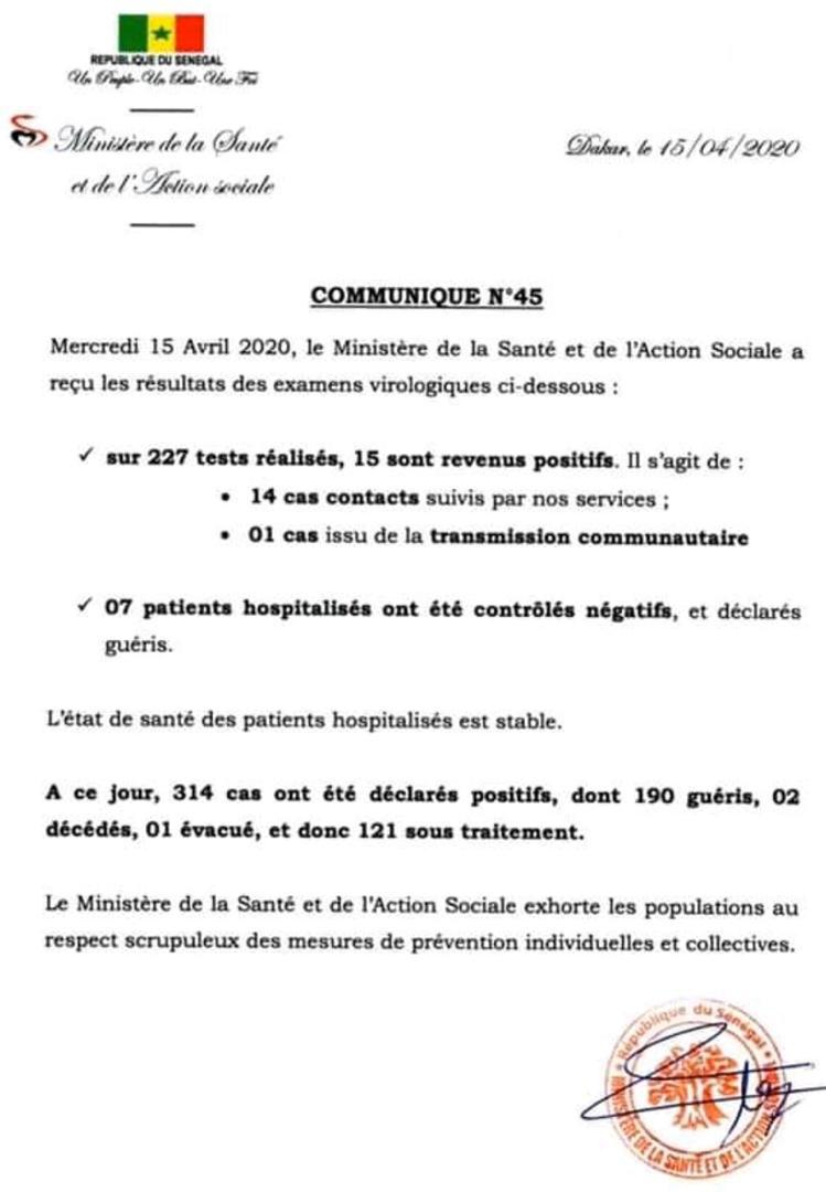 Coronavirus/Sénégal: 15 nouveaux cas positifs dont un communautaire