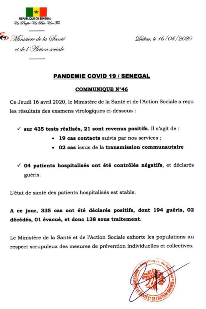 Coronavirus/Sénégal: 21 nouvelles infections dont 2 de type communautaire 