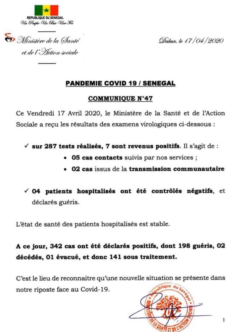 Coronavirus/Sénégal: 7 nouveaux cas positifs dont 2 de type communautaire