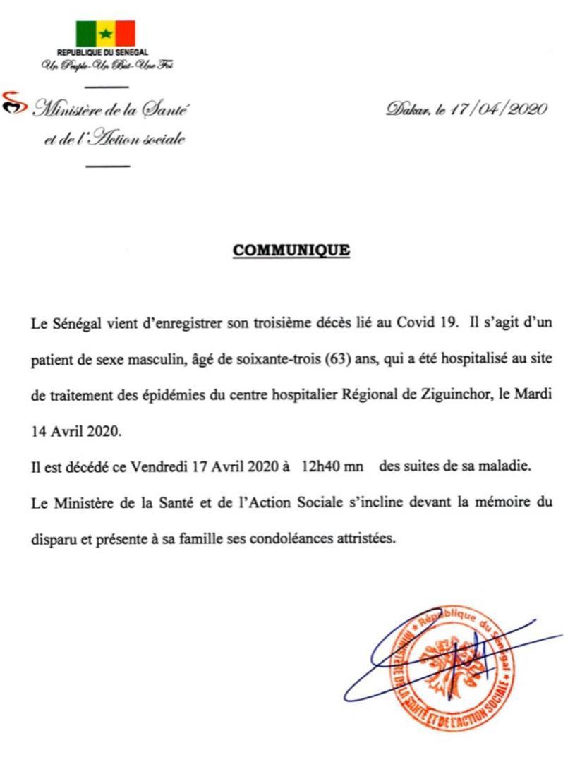 Coronavirus/Sénégal: un 3e patient décède à Ziguinchor