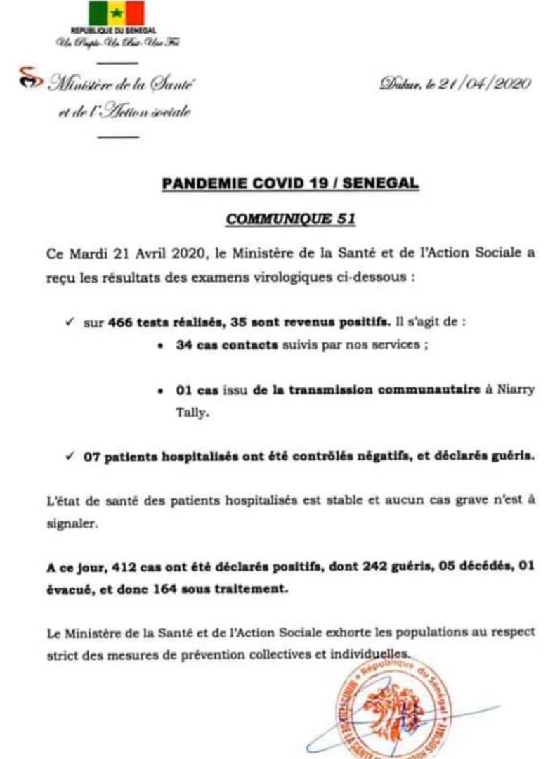 Coronavirus/Sénégal: 35 nouvelles contaminations dont 1 communautaire