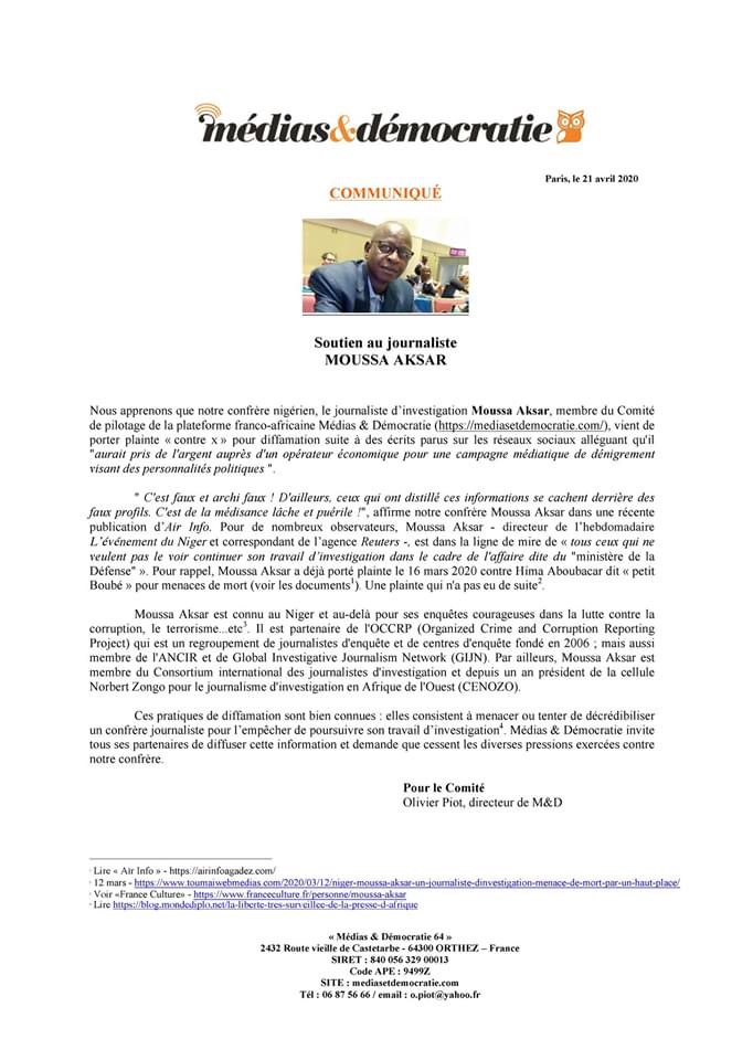 Plainte contre des cagoulards sur internet : Media&Démocratie soutient le journaliste Moussa Aksar