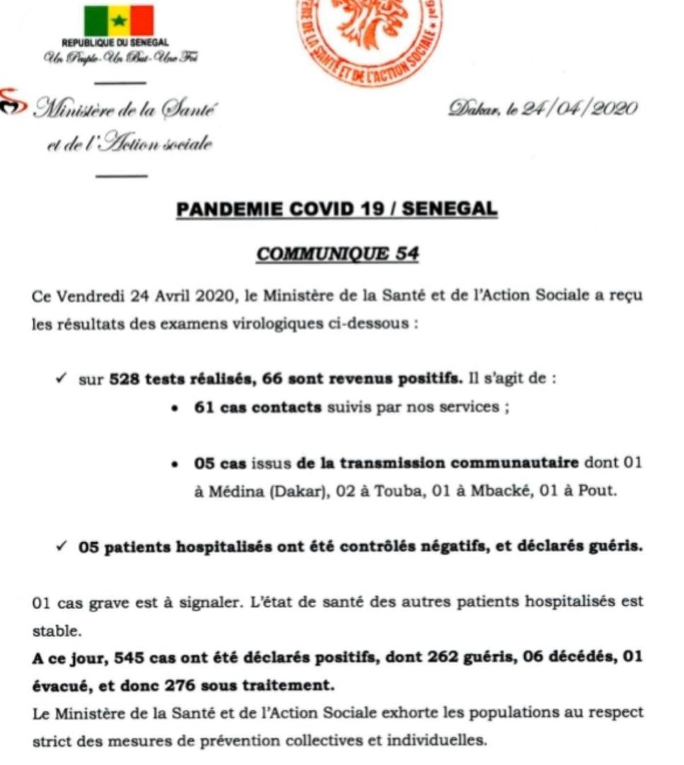 Coronavirus/Sénégal: 66 nouvelles infections dont 5 communautaires (Touba (2), Dakar, Mbacké, Pout)