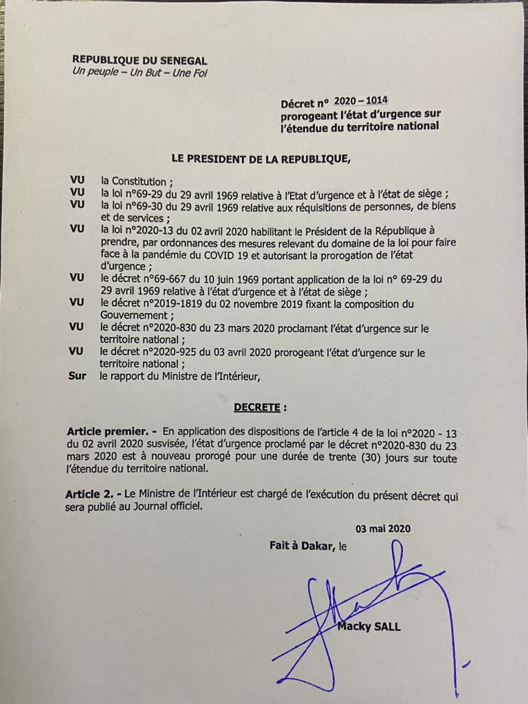 Le Président Macky Sall décrète la prorogation de l'état d'urgence et du couvre-feu pour 30 jours